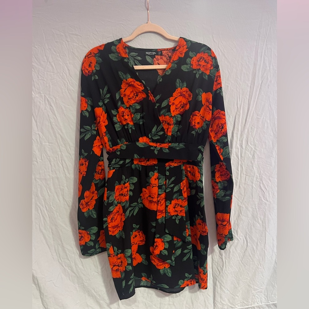 black rose floral long sleeve dress